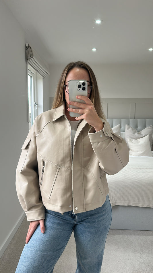 Beige ultimate oversized leather bomber jacket