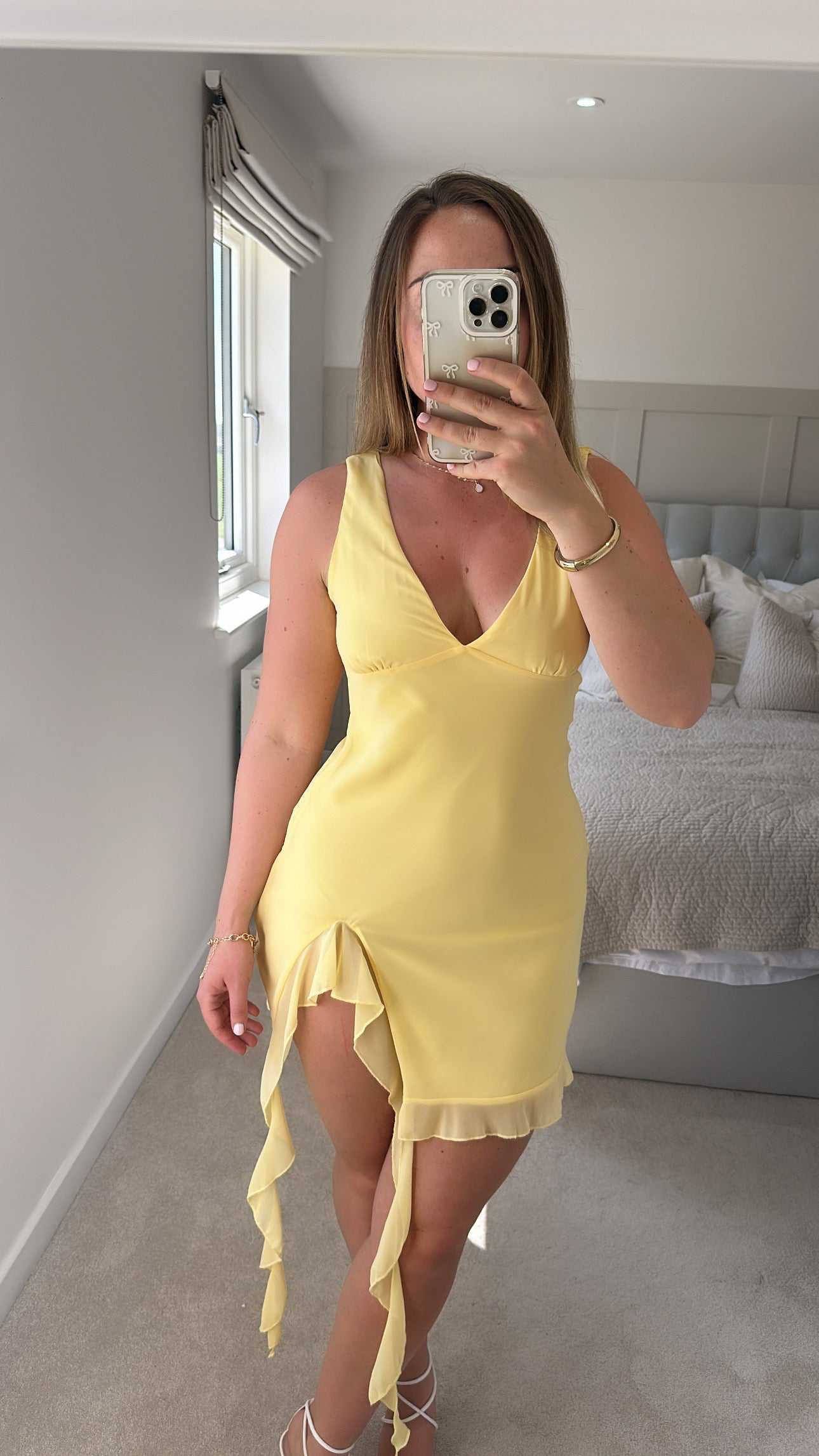 Yellow slit ruffle mini dress