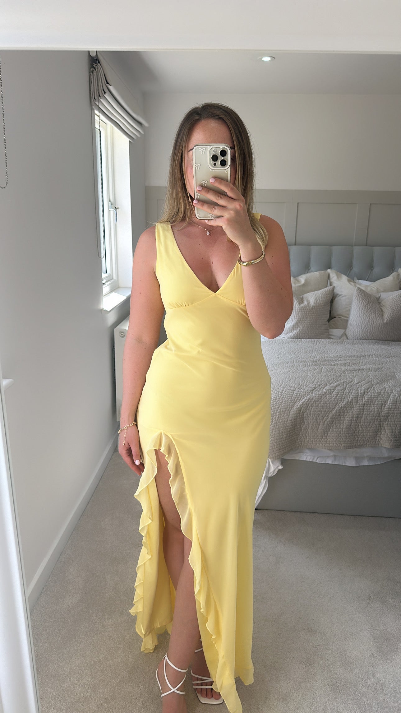 Yellow slit ruffle maxi dress