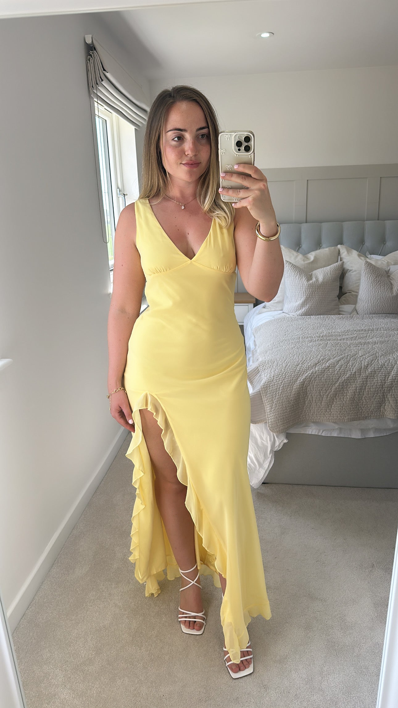 Yellow slit ruffle maxi dress