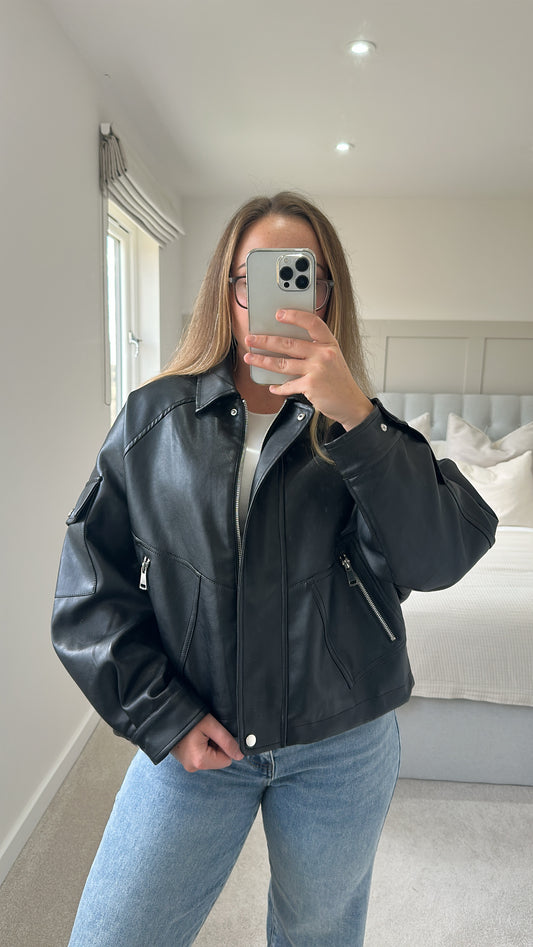 Black ultimate oversized leather bomber jacket