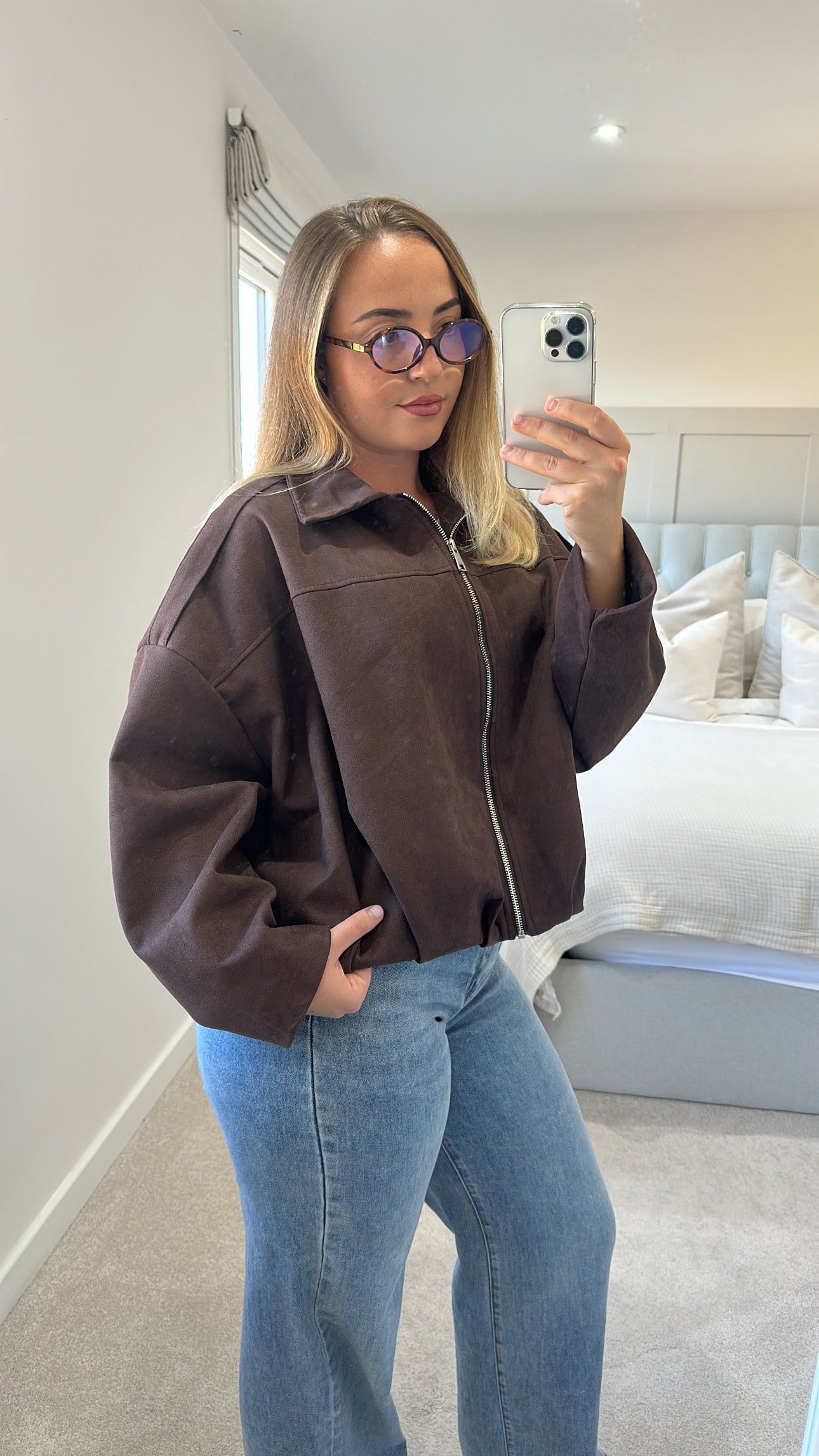 Chocolate suede bomber jacket