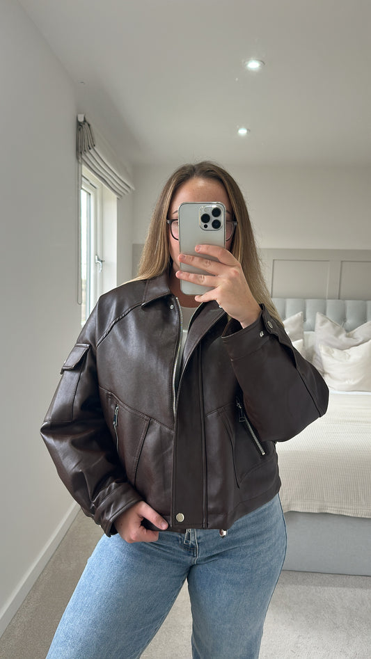 Brown ultimate oversized leather bomber jacket