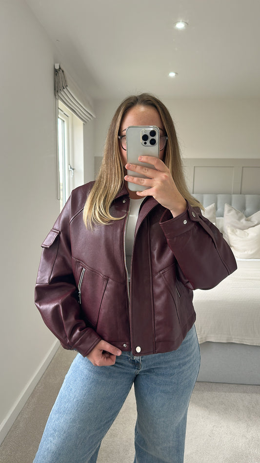 Burgundy ultimate oversized leather bomber jacket