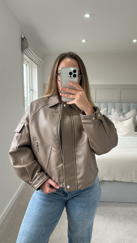 Mocha ultimate oversized leather bomber jacket