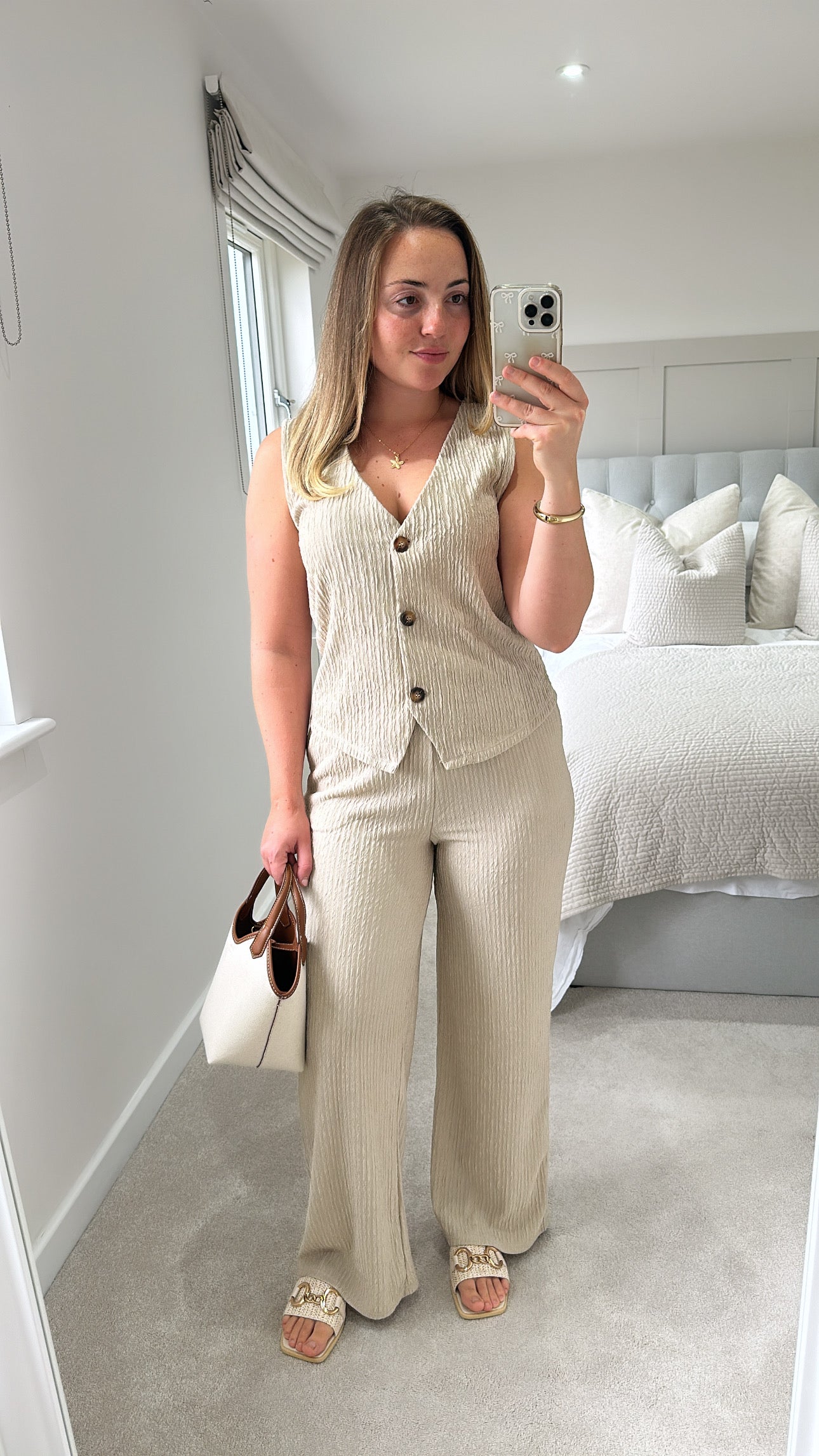 Beige button trouser set