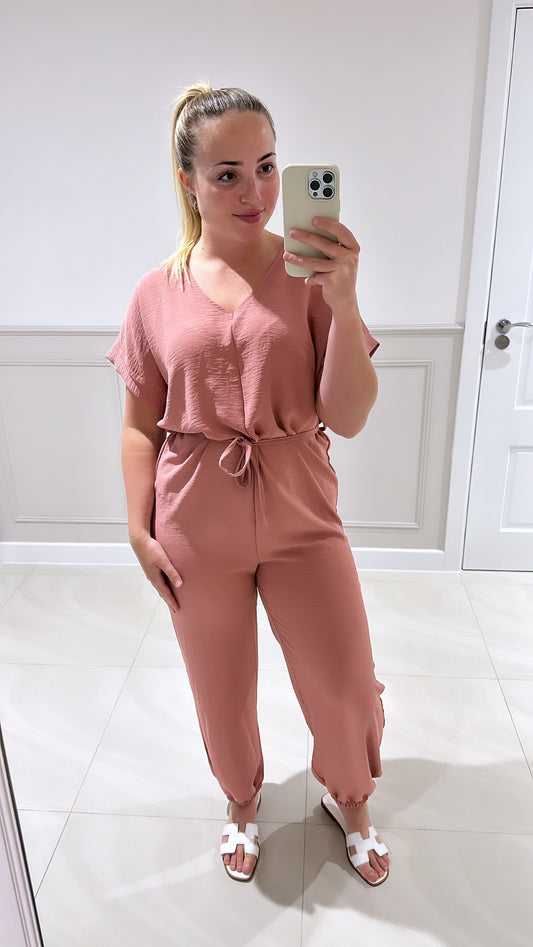 Blush pink belted jumpsuit