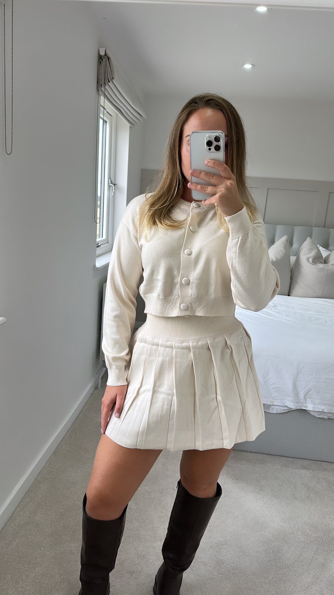 Cream button skirt set