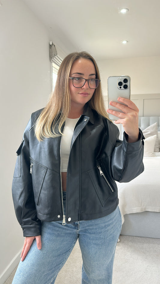 Black ultimate oversized leather bomber jacket