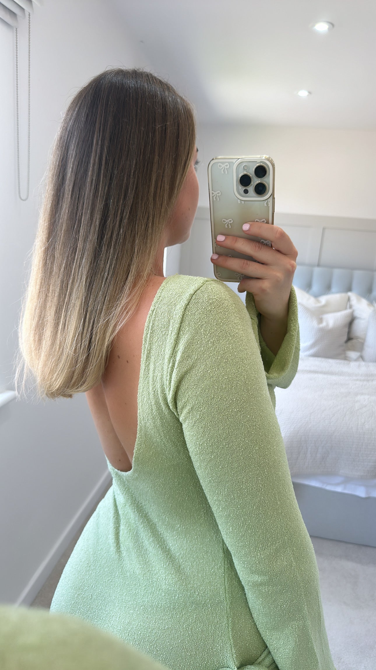 Green boucle tie up dress