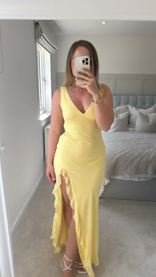 Yellow slit ruffle maxi dress