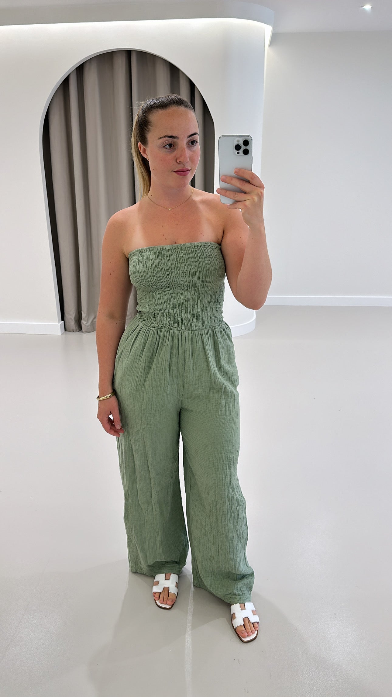 Khaki cheesecloth jumpsuit