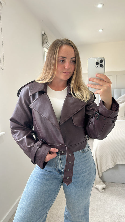 Burgundy oversized leather jacket