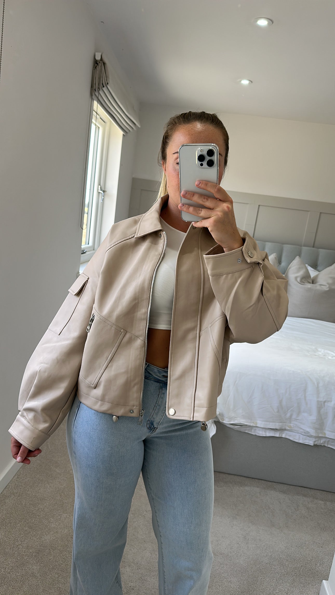 Beige leather bomber jacket
