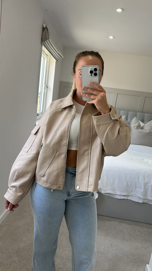 Beige leather bomber jacket