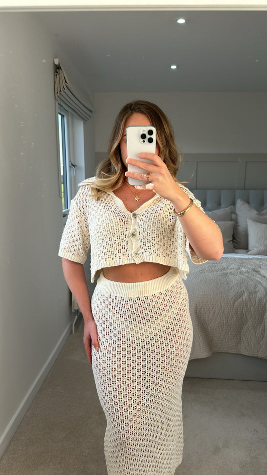Beige crochet skirt set