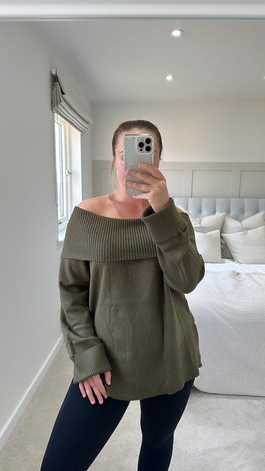 Khaki oversized off the shoulder jumper