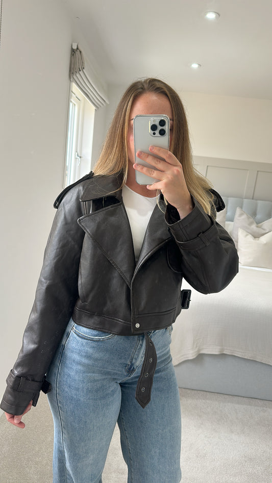 Chocolate oversized leather jacket