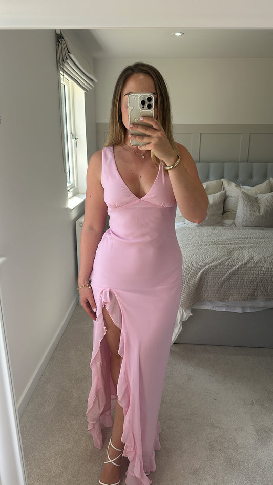 Pink slit ruffle maxi dress