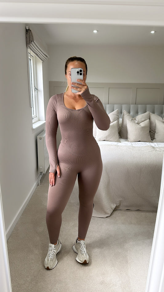 Mocha ribbed sculpt long sleeve unitard