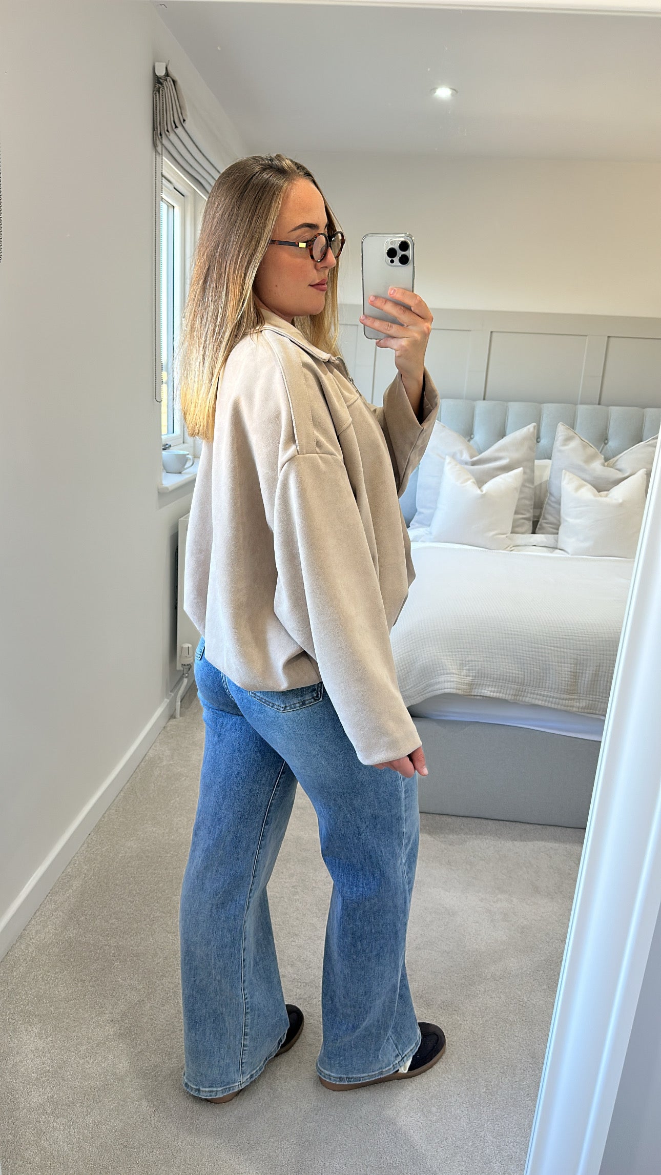 Beige suede bomber jacket