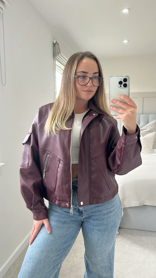 Burgundy ultimate oversized leather bomber jacket