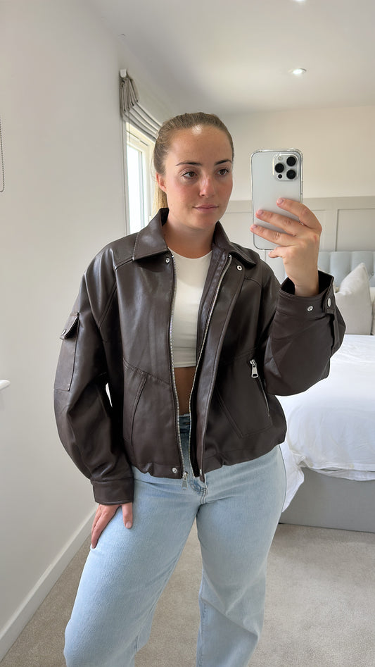 Chocolate leather bomber jacket