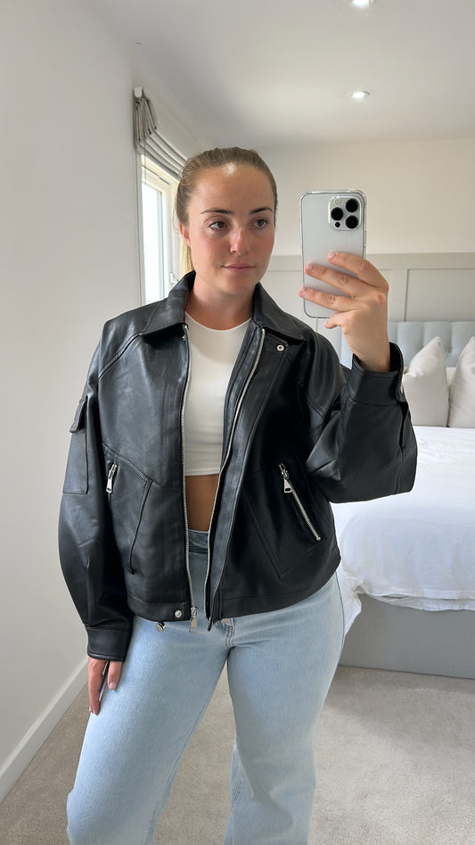 Black leather bomber jacket