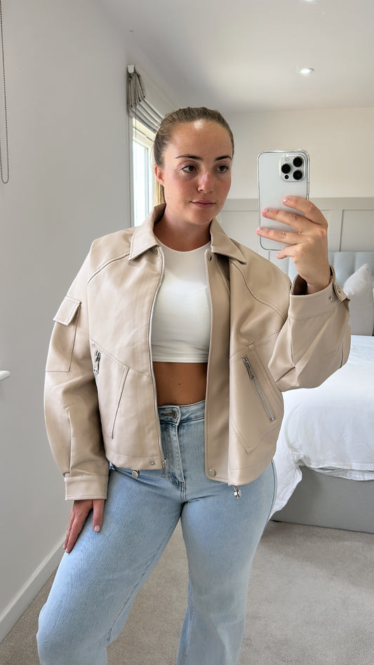 Beige leather bomber jacket