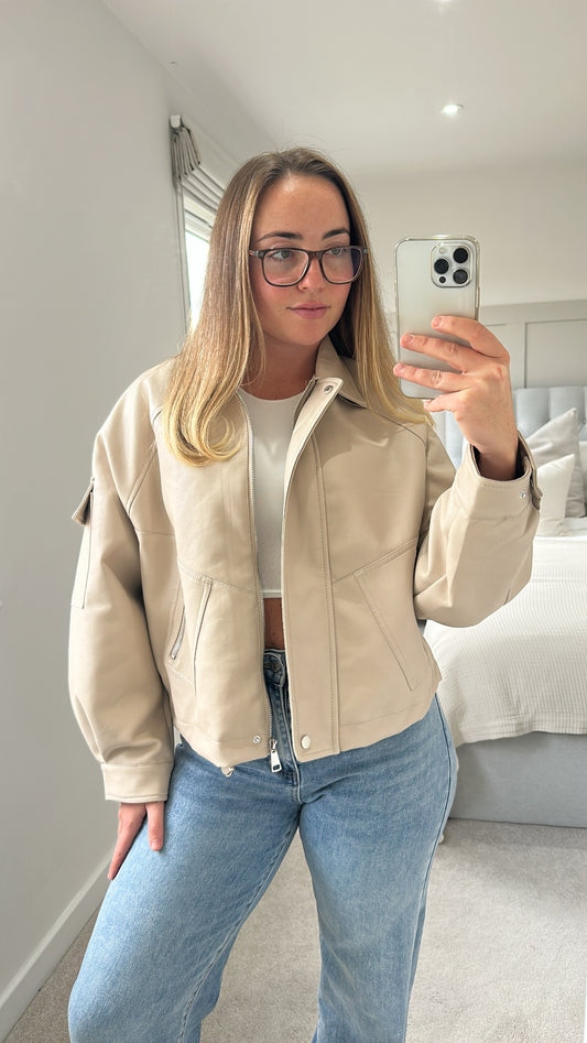 Beige ultimate oversized leather bomber jacket