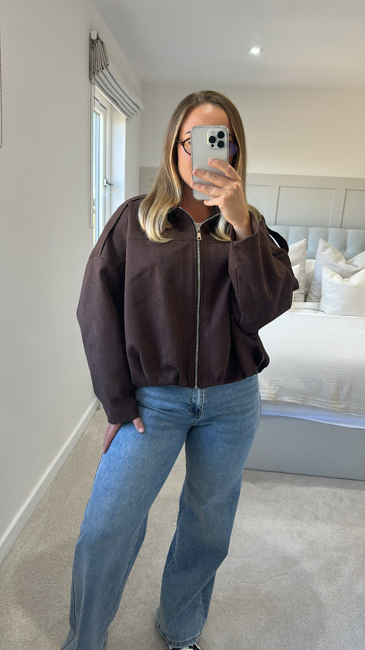 Chocolate suede bomber jacket