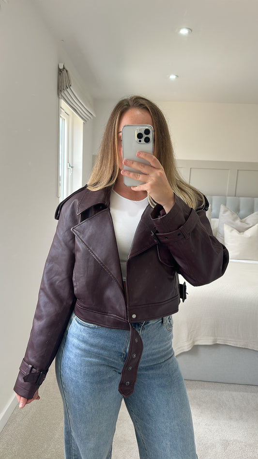 Burgundy oversized leather jacket