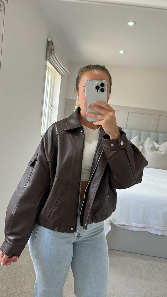 Chocolate leather bomber jacket