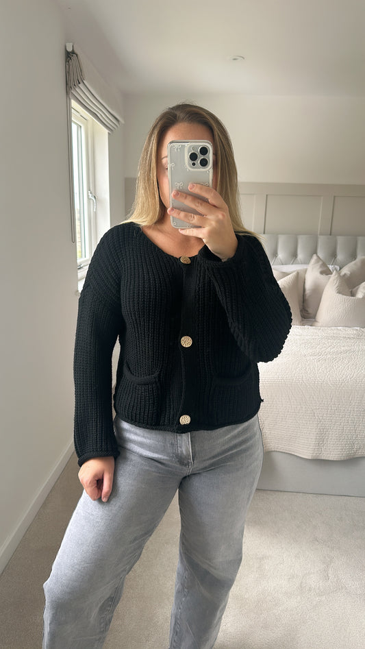 Black gold button chunky cardigan