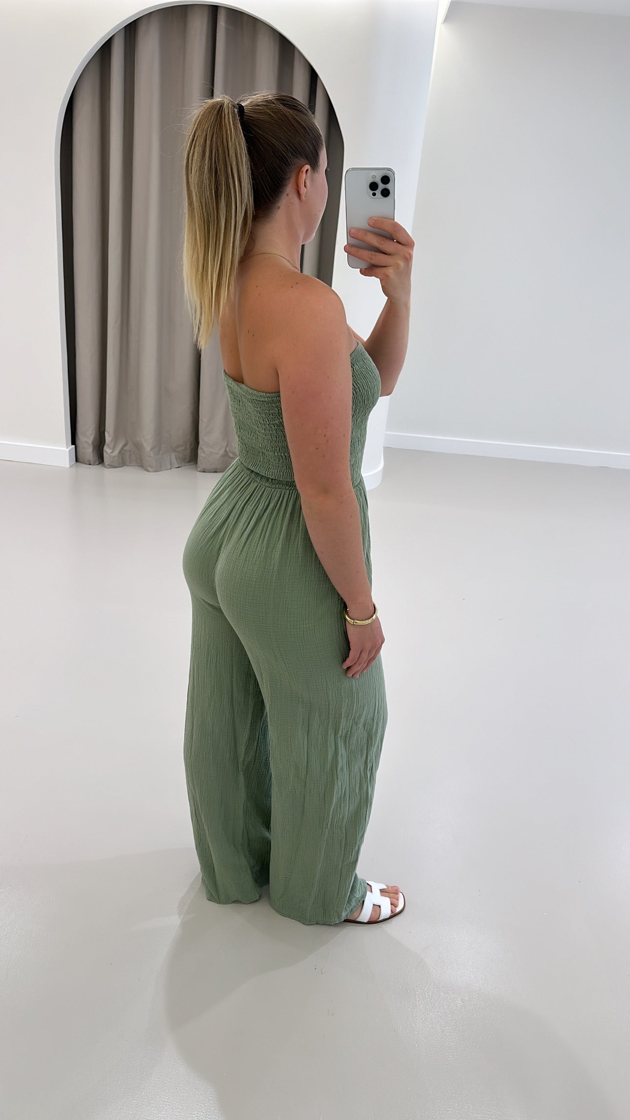 Khaki cheesecloth jumpsuit