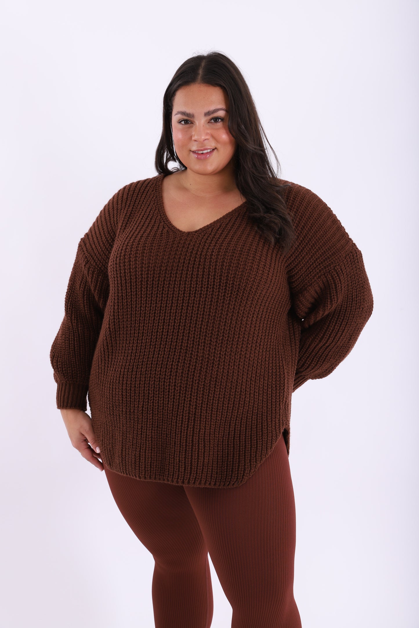 Chocolate brown curve split side knit jumper