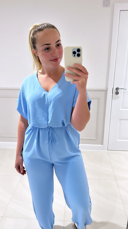 Baby blue belted jumpsuit