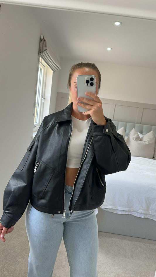 Black leather bomber jacket