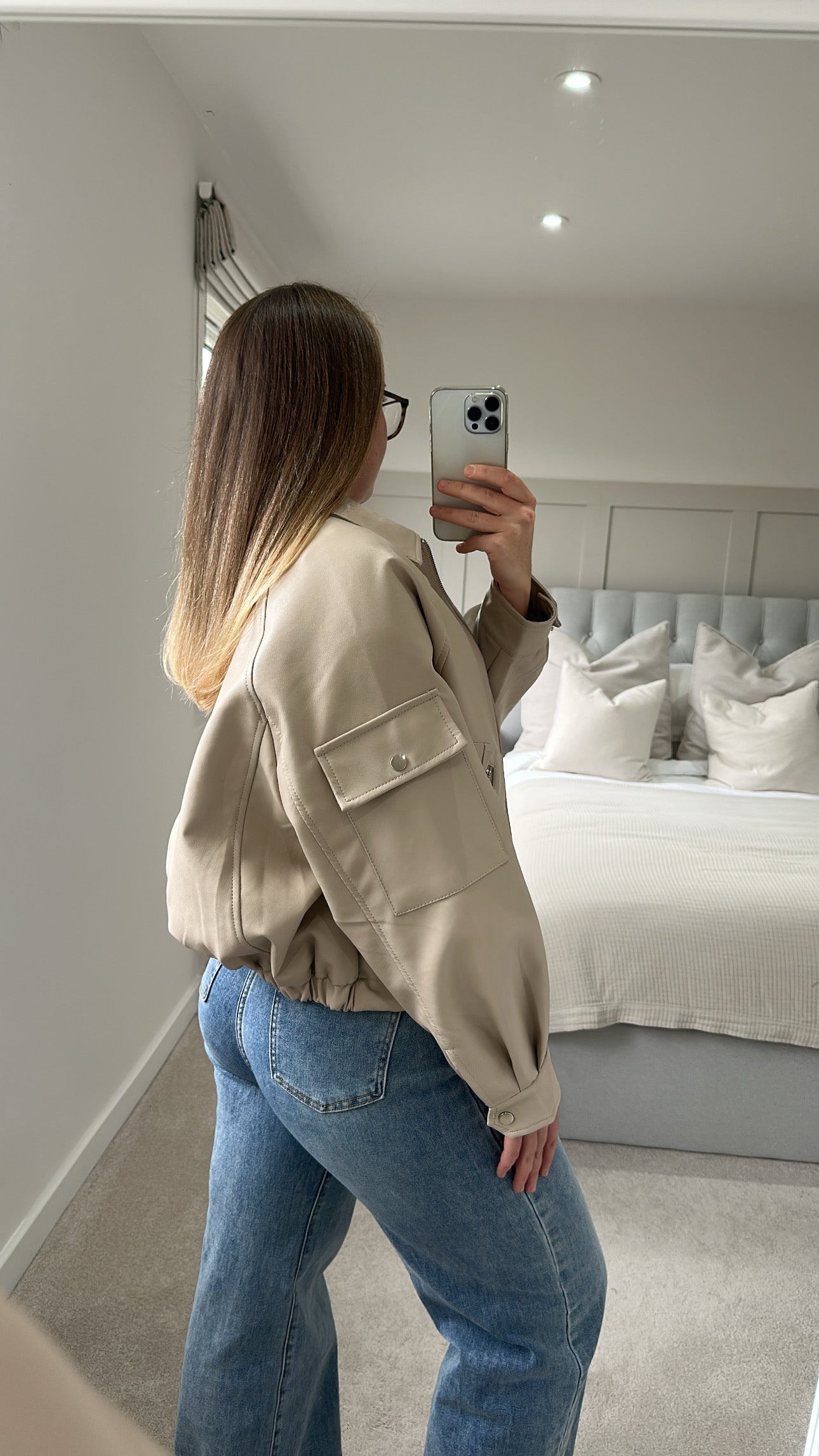 Beige ultimate oversized leather bomber jacket