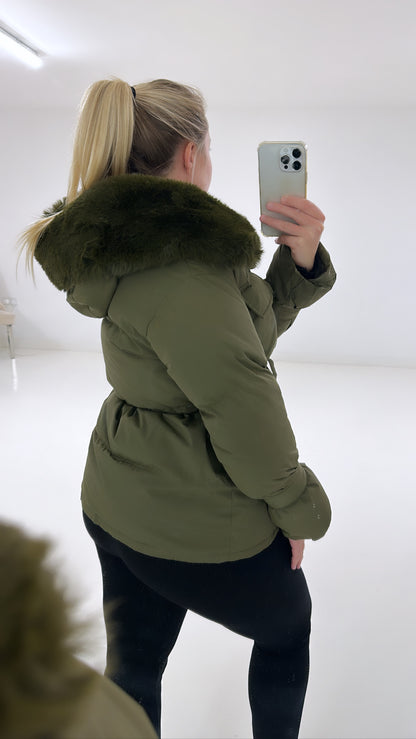 Khaki faux fur hood short coat