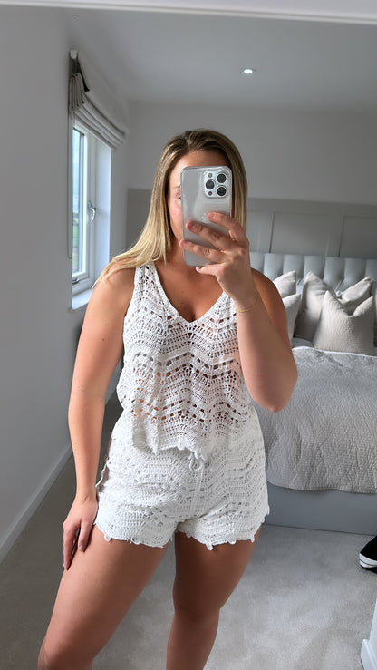 White crochet shorts set