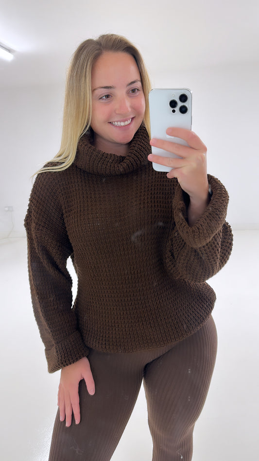 Chocolate brown chunky roll neck jumper