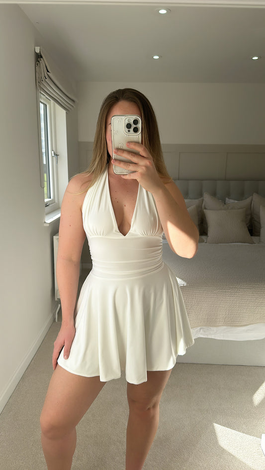 White halter plunge neck mini dress