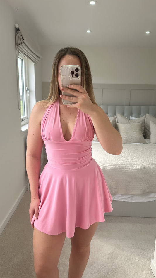 Pink halter plunge neck mini dress