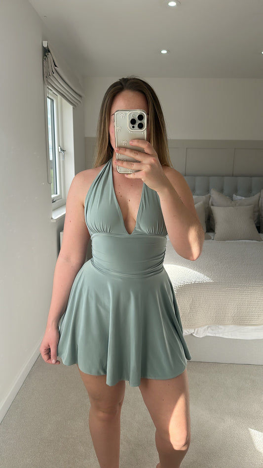 Sage halter plunge neck mini dress