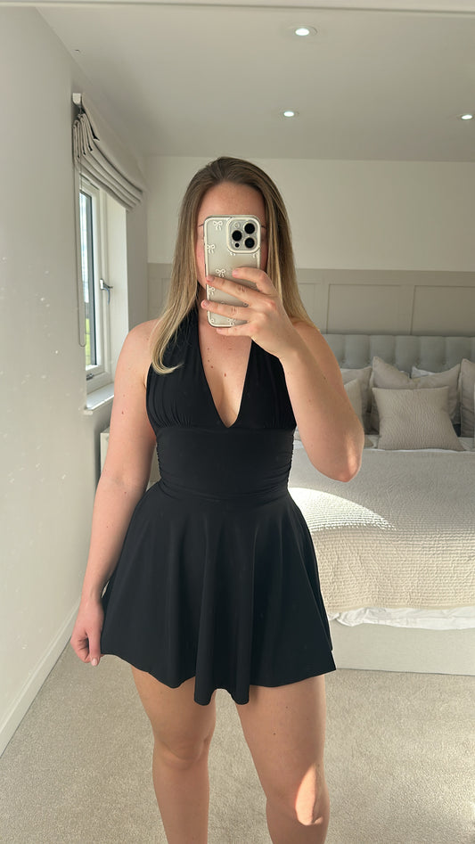 Black halter plunge neck mini dress